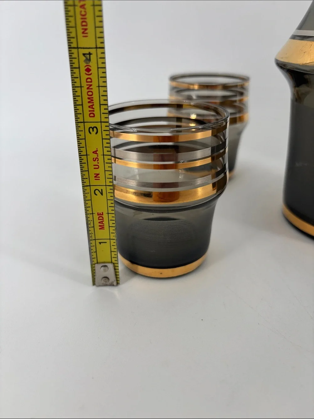 Vintage mid-century modern smoky glass decanter bar ware set